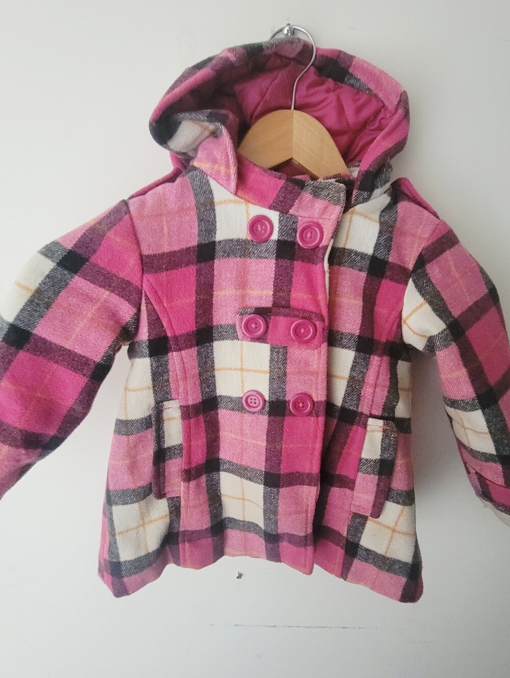 Girls Pink Plaid Hooded Pea Coat - Stylish Winter Jacket
